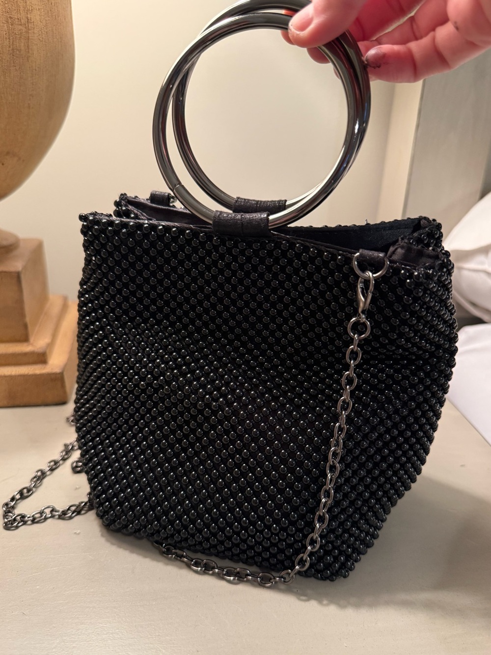 Black Beaded Ring-Handle Evening Bag